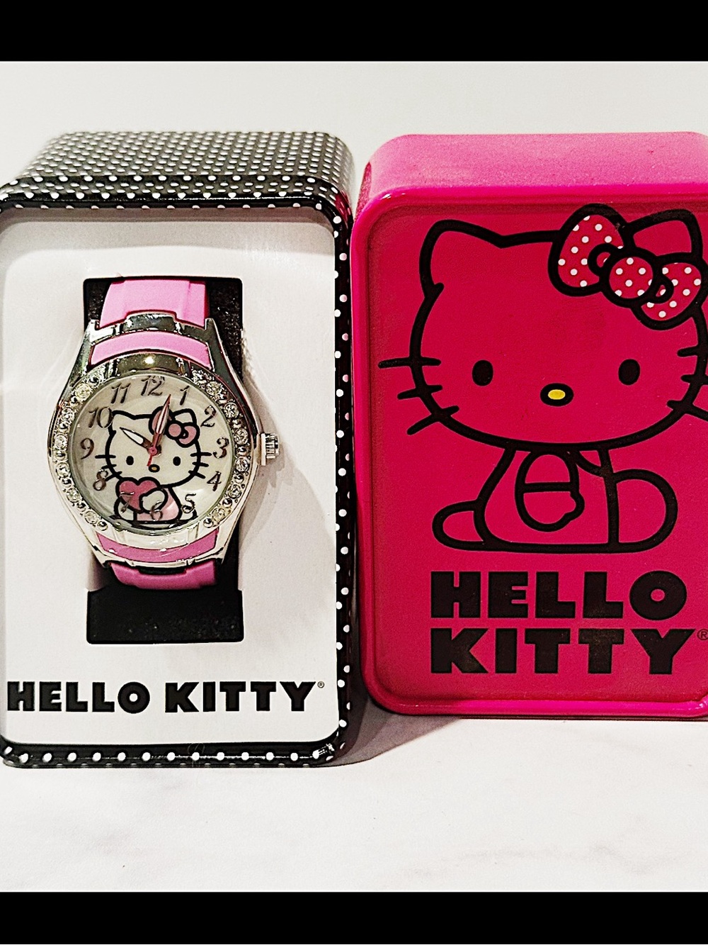 Hello Kitty Pink and Silver Rhinestones Watch with Tin Case -New